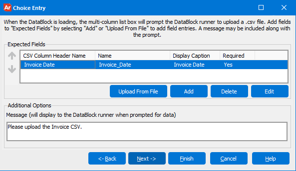 Here, the MAPS admin may include which Csv headers they expect to be inlcuded in the .csv file uploaded by the user. They may also mark these files as required, and inlcude a custom message inlcuded in the prompt.